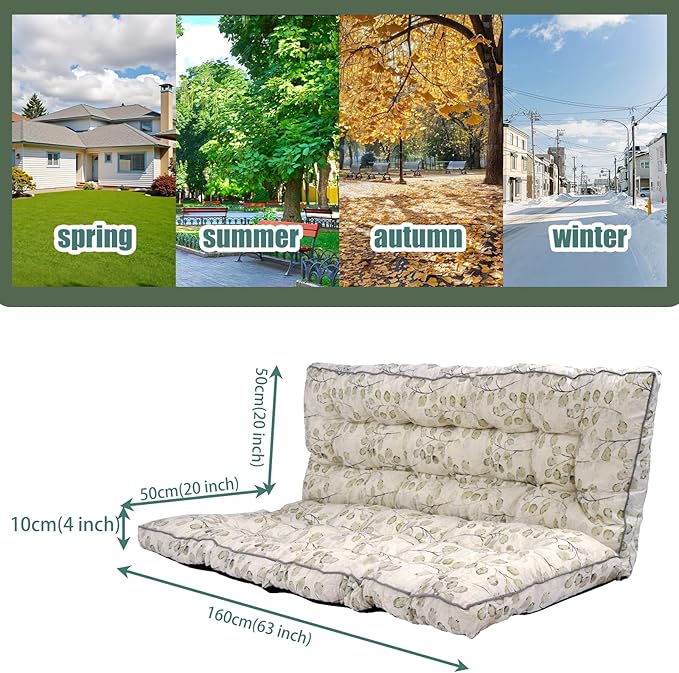 Replacement Cushions for Swing, Swing Cushions 3 Seater Replacement, Waterproof Thicken Washable Pad Cushion for Outdoor Indoor Furniture Swing Patio (White Leaves, 40x63 inch)