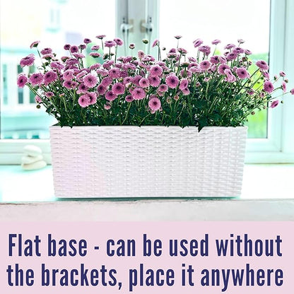 LaLaGreen Outdoor Rail Planter for Balcony (20 Inch, 2 Pack) Large White Self Watering Railing Planters with Brackets, Rectangular Plastic Fence Modern Window Boxes Designer Choice with Rattan Pattern