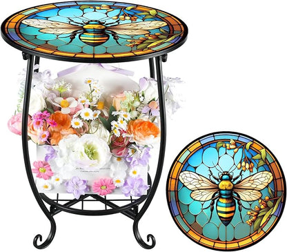 Cinnvoice Outdoor Side Table Round Small Mosaic Patio Accent Indoor End Plant Coffee Tea Table for Yard Patio Porch Garden Living Room, Bedroom(Bee Style,14 Inch)