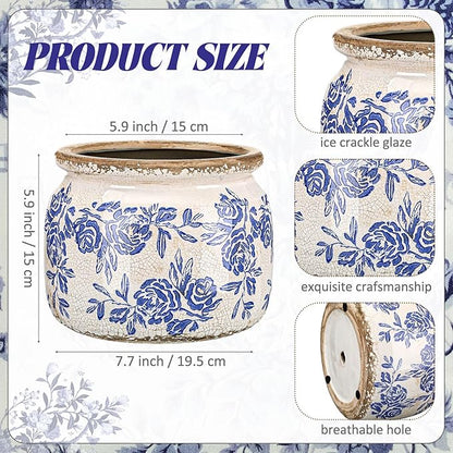 7.7" Large Vintage Ceramic Plant Pot Blue White Rose Crackle Glaze Rustic Flowers Pot Decorative Planter with Drainage for Indoor Outdoor Plants Kitchen Office Home Decor Gift