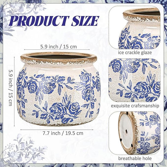 7.7" Large Vintage Ceramic Plant Pot Blue White Rose Crackle Glaze Rustic Flowers Pot Decorative Planter with Drainage for Indoor Outdoor Plants Kitchen Office Home Decor Gift