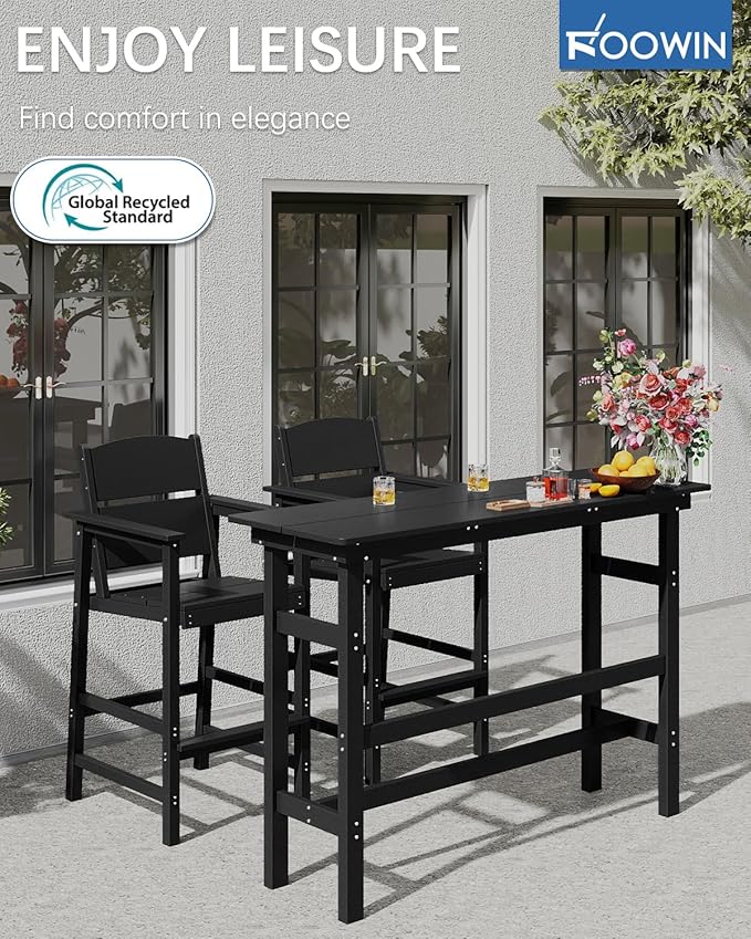 FOOWIN 3 Piece Outdoor Bar Height Table and Chairs, All Weather HDPE Patio Bar Set Outdoor Bistro Set,Adirondack Bar Chairs Set of 2 Outdoor Furniture for Bistro, Poolside, Backyard Black