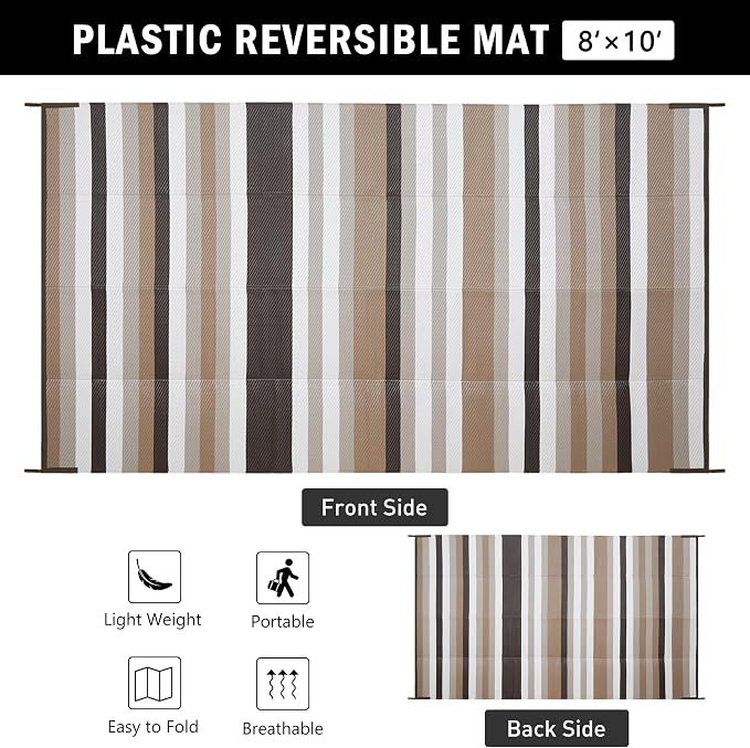 HUGEAR Outdoor Waterproof Rug 8'x10' Plastic Straw Rugs Washable Reversible Floor Mat Brown Stripe Carpet for Camping RV Deck Entryance Porch Picnic Balcony Beach Backyard