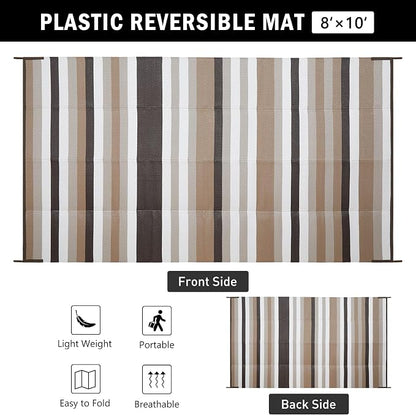 HUGEAR Outdoor Waterproof Rug 8'x10' Plastic Straw Rugs Washable Reversible Floor Mat Brown Stripe Carpet for Camping RV Deck Entryance Porch Picnic Balcony Beach Backyard