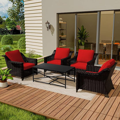 Vista Vibe 5 Pieces Outdoor Rattan Patio Conversation Furniture Set - 4 Wicker Chairs | Steel Coffee Table, Premium & Washable Cushions, Living Room, Poolside (Brown/Red)