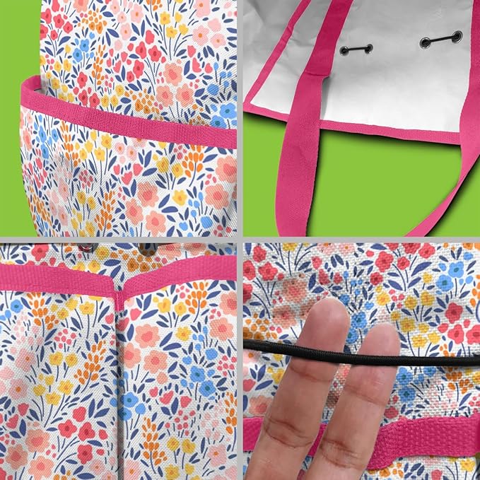Boho Garden Tool Bag - Waterproof Floral Garden Tote with 8 Pockets, Large Storage Home Organizer Gardening Tool Oxford Bag for Garden Tools Kits Holder, Ideal Outdoor Gardening Gift for Women & Men