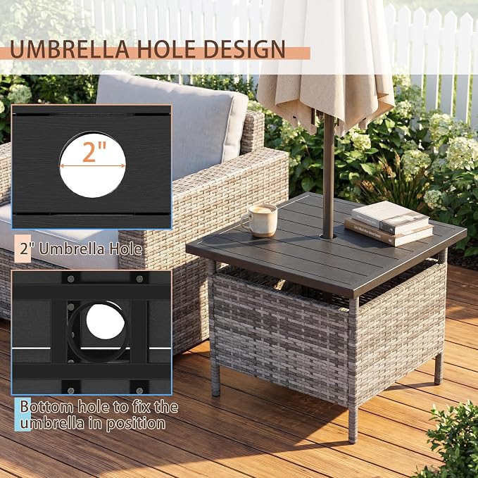Giantex Umbrella Table, Outdoor Side Table with 2" Umbrella Hole, Rattan Umbrella Stand Holder, Heavy Duty Metal Frame, Patio Bistro Table for Deck Garden Poolside, Mix Gray (HDPE Tabletop)