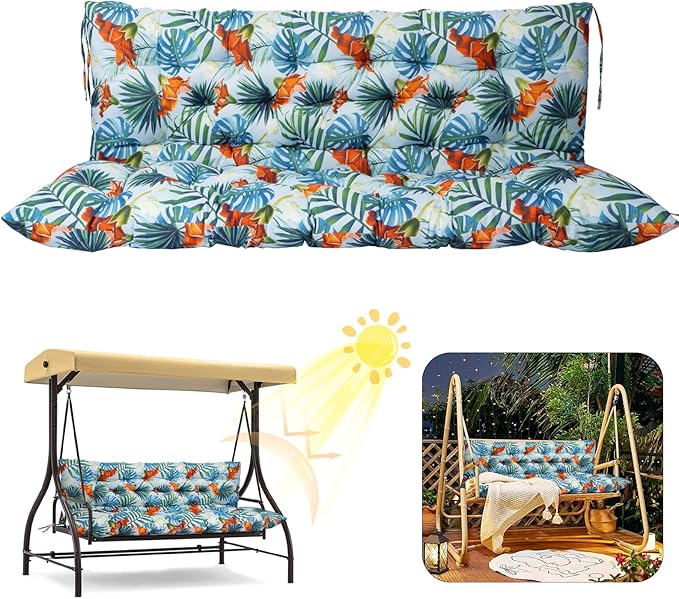 2/3 Seater Swing Replacement Cushion, Waterproof Porch Swing Cushions with Backrest, Thickened Bench Cushions for Outdoor Furniture, for Outdoor Patio Swing (Summer, 40 * 40 in)