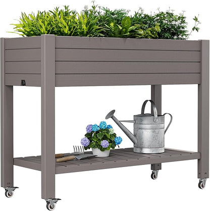 Raised Garden Bed with Wheels, Divisible Resin Planter Box with Drainage Gauge & Storage Shelf, Herb Planter for Garden Patio Backyard, Gray