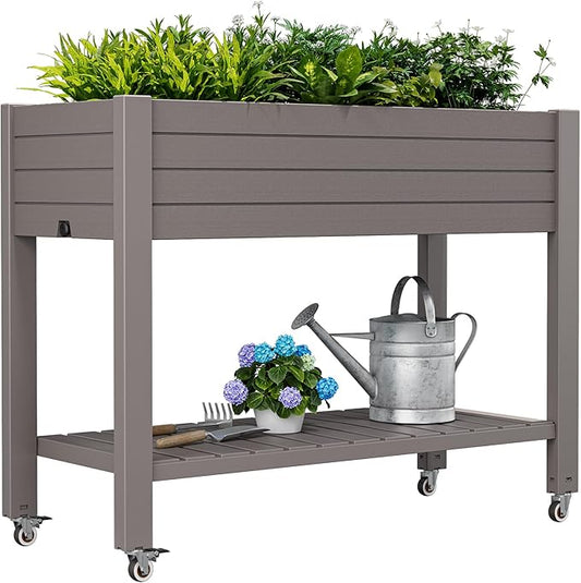 Raised Garden Bed with Wheels, Divisible Resin Planter Box with Drainage Gauge & Storage Shelf, Herb Planter for Garden Patio Backyard, Gray