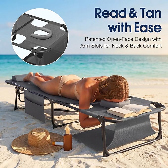 Flamaker Oversize Face Down Chaise Lounge Chair, 27 Inch Wide Foldable Outdoor Patio Chair, 5-Position Adjustable Tanning Chair with Face& Arm Holes for Sunbathing, Pool, Beach, Lawn (Grey, 1 Pcs)