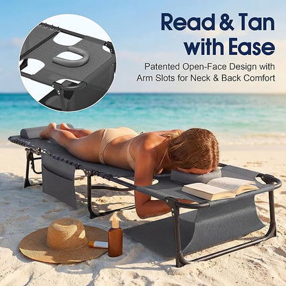 Flamaker Oversize Face Down Chaise Lounge Chair, 27 Inch Wide Foldable Outdoor Patio Chair, 5-Position Adjustable Tanning Chair with Face& Arm Holes for Sunbathing, Pool, Beach, Lawn (Grey, 1 Pcs)