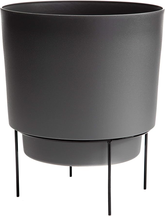 Bloem Hopson Decorative Resin Cachepot with Metal Stand, 14" Indoor and Outdoor Planter with Black Metal Stand, Charcoal