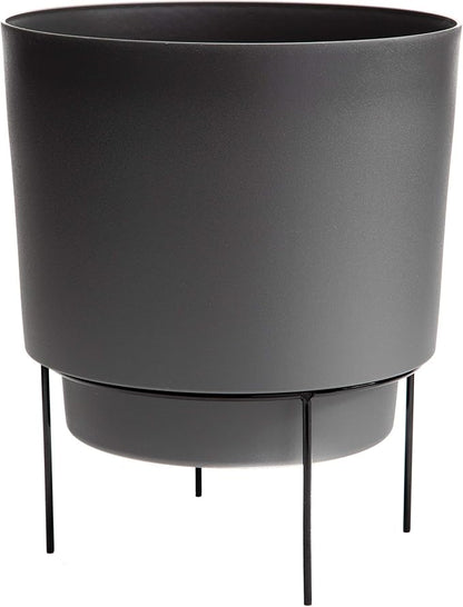 Bloem Hopson Decorative Resin Cachepot with Metal Stand, 14" Indoor and Outdoor Planter with Black Metal Stand, Charcoal