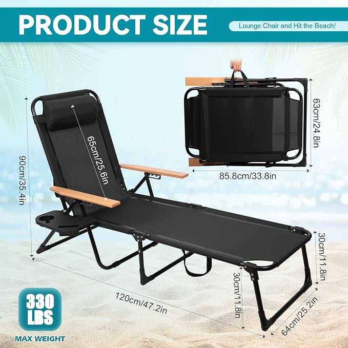 Beach Lounge Chair, Folding Outdoor Chaise Lounge Chair with Arms, 4-Position Backrest, Extended Sun Tanning Chair Pillow & Cup Holder, Patio Lounger for Outside for Beach Pool Patio Yard (Black)