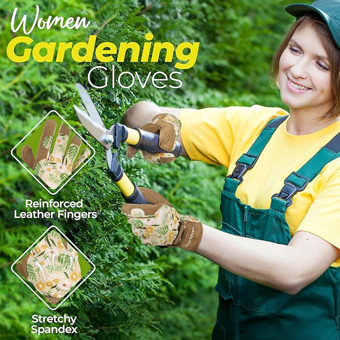 HANDLANDY Gardening Gloves for Women, Breathable Ladies Leather Garden Yard Gloves Best Gift for Gardeners