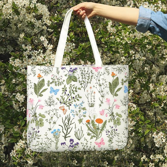 Bencailor 2 Pcs Spring Flower Canvas Tote Bags Reusable Wildflowers Herbs Plant Grocery Bags for Women Shopping Spring Gifts(Classic)