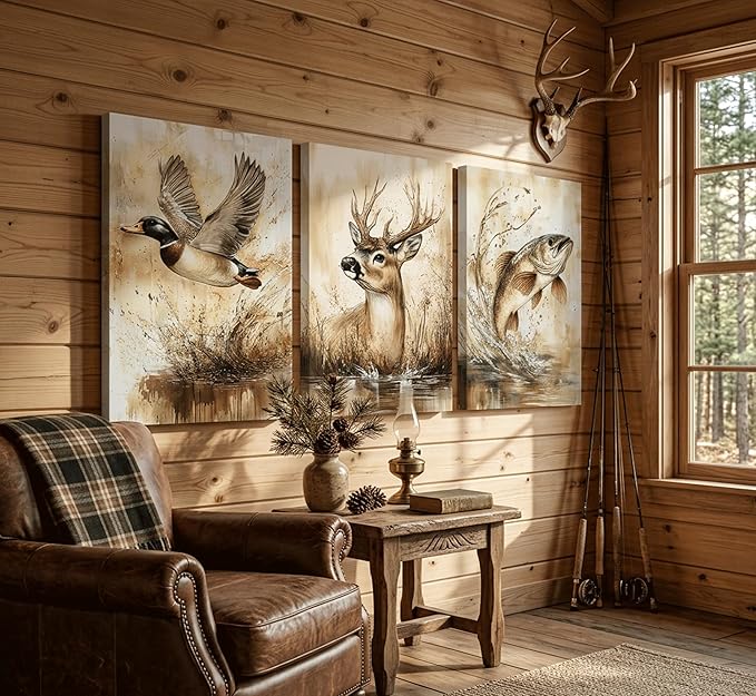 3Pcs Rustic Outdoor Wildlife Canvas Wall Art,Watercolor Deer Duck And Fish Wall Decor Pictures,Vintage Farmhouse Hunting Posters Prints,for Living Room Bathroom Kitche Home Decoration