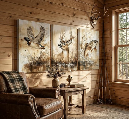 3Pcs Rustic Outdoor Wildlife Canvas Wall Art,Watercolor Deer Duck And Fish Wall Decor Pictures,Vintage Farmhouse Hunting Posters Prints,for Living Room Bathroom Kitche Home Decoration