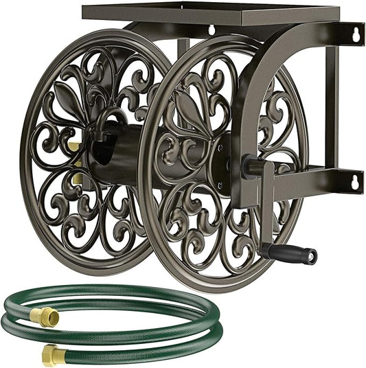 GOFORWILD Garden Wall Mount Hose Reel, Decorative Hose Reel, Garden Heavy-Duty Water Hose Holder Winder, Holds 200-Feet of 5/8-Inch Hose