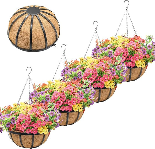 4 Pack 16 Inch Hanging Planters for Outdoor Plants Metal Hanging Planter Basket with Coco Coir Liner Round Plant Black Flat Iron Metal Flower Pots for Deck Patio Porch Garden Balcony