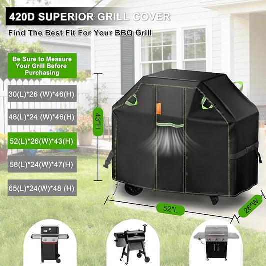 Grill Cover for Outdoor Grill, 52 Inch BBQ Grill Cover 420D Heavy Duty Waterproof with Air Vents/Handles/Straps, Weather Resistant Barbecue Gas Grill Cover for Weber, Genesis, Charbroil, etc