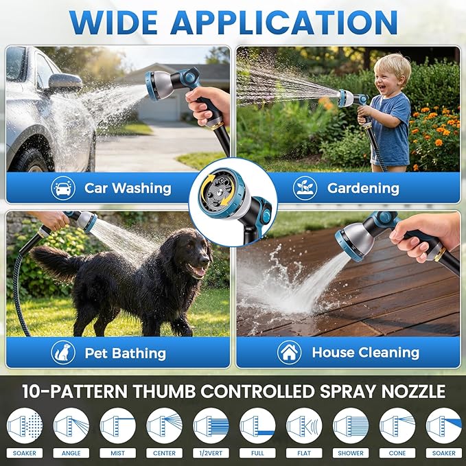 Non-Expandable Garden Hose – Ultra Lightweight & Leak-Proof Kink-Free Water Hose with 10-Function Spray Nozzle – Wear-Resistant Hybrid Hose for Yard, Lawn, Car Wash & Outdoor Use – 100 ft