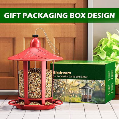 Birdream Bird Feeders for Outdoor Hanging, Assembly Required, 1-Min Easy Setup, Charming Castle Design, Attracting Cardinals Chickadees Goldfinches & Sparrows - Red