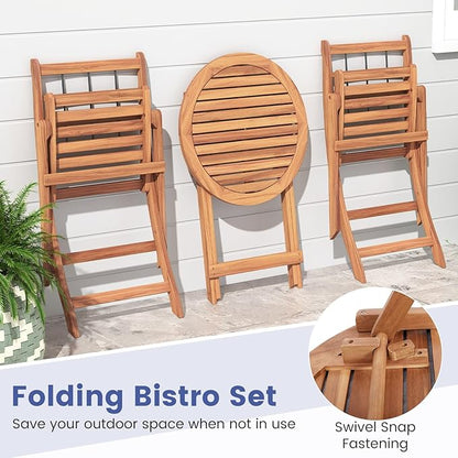 HAPPYGRILL 3 Pieces Acacia Wood Patio Bistro Set, Folding Outdoor Table and Chairs Set with Cushions, Outdoor Patio Furniture Set for Porch, Balcony, Deck, Garden, Backyard (Navy)