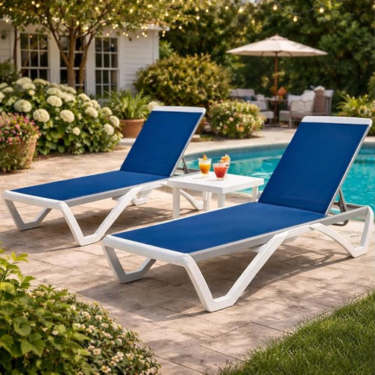 Kozyard 3-Piece Outdoor Chaise Lounge Set Fully Flat Adjustable Lounger | Aluminum Frame, Resin Legs, Textilene Fabric for Poolside, Backyard, Beach, Blue, 2Chairs +Table