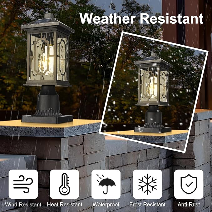 Solar Outdoor Post Light,Dusk to Dawn Aluminum Lamp Posts with Remmote,Waterproof Exterior Pillar Lantern with Water Ripple Glass for Pathway Garden Patio Gargae, 2700K LED Bulb Included
