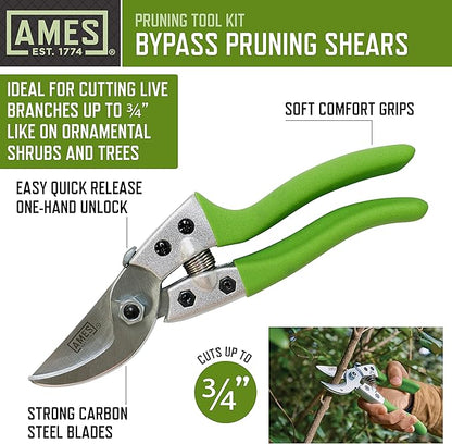 AMES 20213344 4-pc. Pruning Tools Kit with Bypass & Anvil Pruners, Garden Snips, Grass Shears & Canvas Case