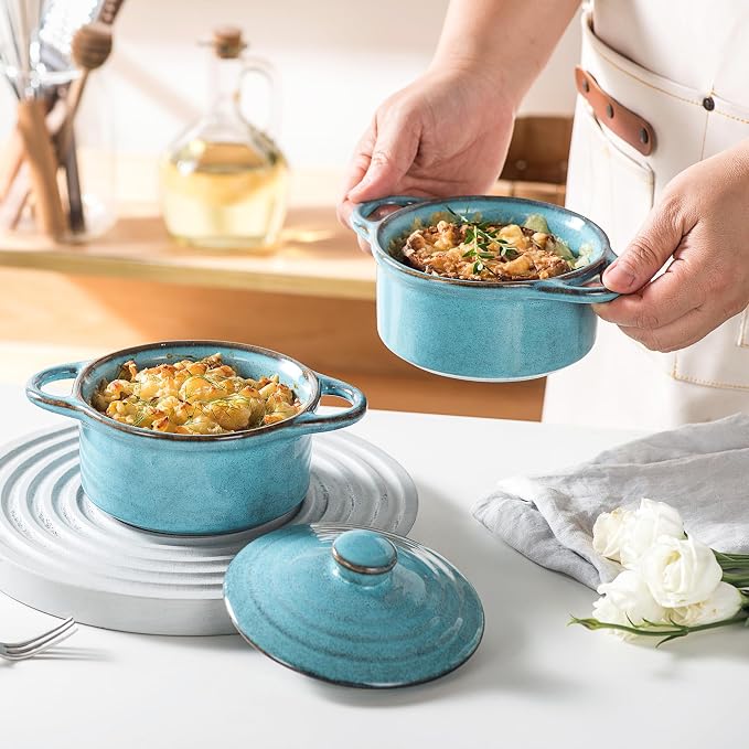 12 oz Mini Cocotte Set of 4, Ceramic Casserole Dishes with Lids & Handles | Reactive Glaze, Individual Baking & Serving, Ideal for Pot Pies, French Onion Soup, Casseroles & Baked Pasta, Oven Safe