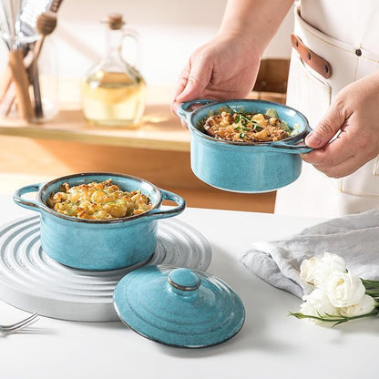 12 oz Mini Cocotte Set of 4, Ceramic Casserole Dishes with Lids & Handles | Reactive Glaze, Individual Baking & Serving, Ideal for Pot Pies, French Onion Soup, Casseroles & Baked Pasta, Oven Safe