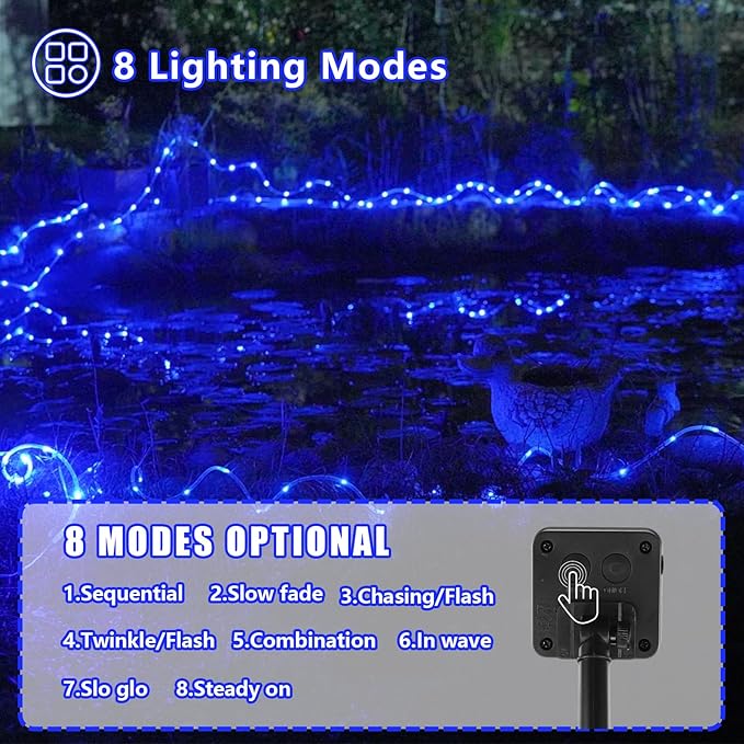YEGUO Solar Christmas Lights Outdoor Waterproof, 2 Packs Each 33ft 100 LED Rope Lights, 8 Modes Fairy String Lights in Clear Thin Tube for Camping Fence Patio Garden Trampoline Deck(Blue)