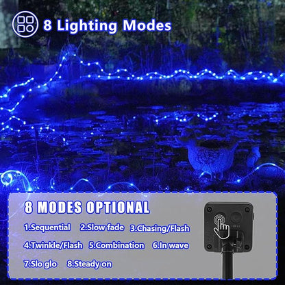 YEGUO Solar Christmas Lights Outdoor Waterproof, 2 Packs Each 33ft 100 LED Rope Lights, 8 Modes Fairy String Lights in Clear Thin Tube for Camping Fence Patio Garden Trampoline Deck(Blue)