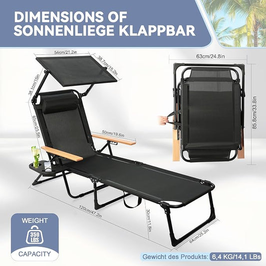 Beach Lounge Chairs with Armrests, 4-Position Folding Lounge Chairs for Outside, Sunbathing Portable Lounge Chaise, Tanning Chair Pillow & Cup Holder, for Outside Beach Pool (Black.)
