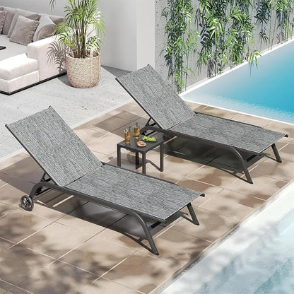 UDPATIO Aluminum Lounge Chair Set of 3 Poolside Chaise Lounger Outdoor Lounge Chairs 5 Adjustable Position Backrest Pool Lounger with Wheels Side Table for Patio Pool,Grey