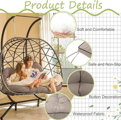 Swing Replacement Cushions with Backrest, 2 or 3 Seater Waterproof Non-Slip Overstuffed Swing Pad, Indoor/Outdoor Bench Cushion for Porch Chair Swing Garden Furniture (Khaki, 40 * 70.8in)
