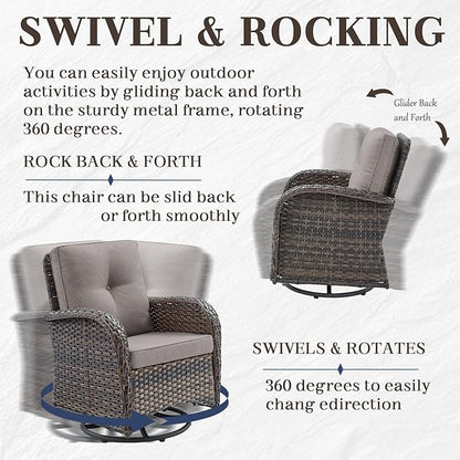 HUMMUH 7-Piece Patio Furniture Set with Fire Pit,Wicker Patio Glider Loveseat Outdoor Swivel Rocker Chairs with Ottomans for Backyard,Poolside,Deck