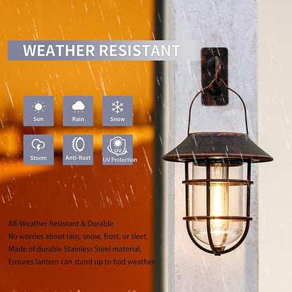 Solar Lantern Outdoor Hanging Solar Lights, Waterproof Metal Outdoor Lights with Clear Glass, LED Decorative Aluminum Wall Lantern with Hooks, Bronze