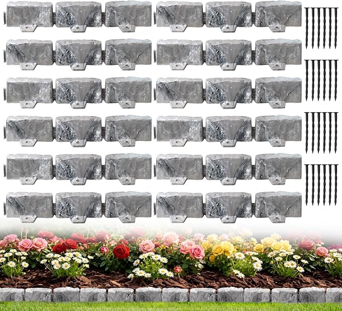Landscape Edging Garden Edging Border Faux Stone Edging,17FT x 2.75 in Tall Decorative Stone-Look Garden Border for Flower Bed Edging,Yard Edging,Lawn Trees and Gardens,with Anchoring Spikes,Gray