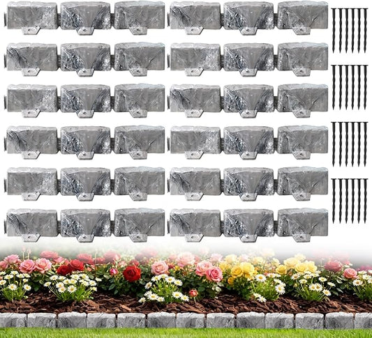 Landscape Edging Garden Edging Border Faux Stone Edging,17FT x 2.75 in Tall Decorative Stone-Look Garden Border for Flower Bed Edging,Yard Edging,Lawn Trees and Gardens,with Anchoring Spikes,Gray