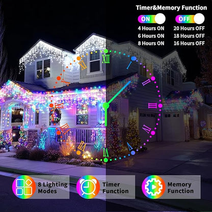 Solar Christmas Lights Outdoor, 66+16Ft 660LED Multicolor & Cool White Dual Color Changing Icicle Lights 2400mAH Connectable Rechargeable Dimmable Remote 8 Modes for Xmas House Roof Holiday Party
