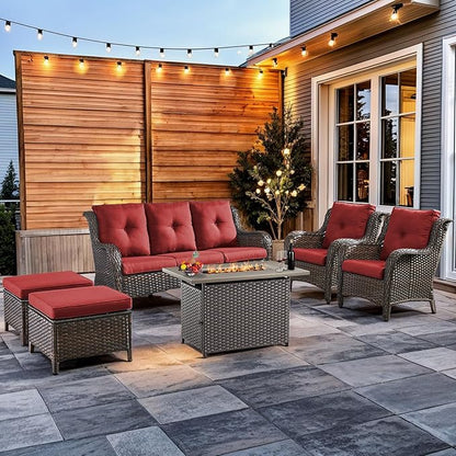 HUMMUH 6 Pieces Patio Furniture Set with Fire Pit Table High Back Outdoor Conversation Set Wicker Patio Couch Outdoor Chairs Ottomans for Balcony Garden,Lawn,Deck