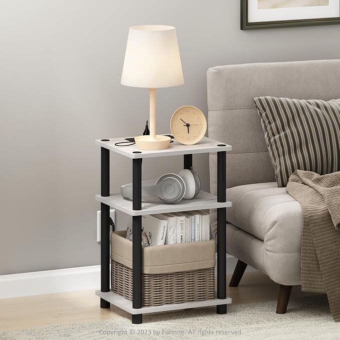 Furinno Just 3-Tier Turn-N-Tube USB and Type-C Charging Port End Table with Open Storage, 11.42 (W) x 8.82 (H) x 6.77 (D) inches, Marble White/Black
