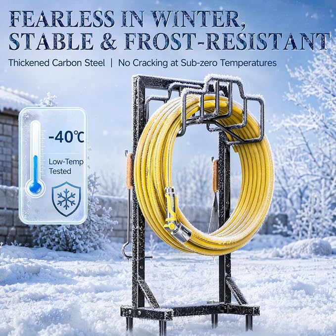 Skycarper Garden Hose Reel Holder Detachable Metal Water Hose Hanger Organizer Heavy Duty Free Standing Hose Stand (Deep Black)