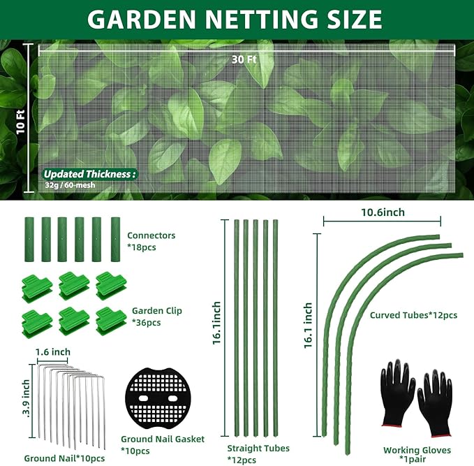 Garden Netting Kit 10×30 FT Ultra Fine Mesh Plant Protection Cover with 6 Sets Garden Hoops & 36 Clips, Garden Netting for Raised Beds, Physical Pest Barrier Netting for Vegetable Gardens & Row Covers
