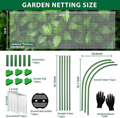 Garden Netting Kit 10×30 FT Ultra Fine Mesh Plant Protection Cover with 6 Sets Garden Hoops & 36 Clips, Garden Netting for Raised Beds, Physical Pest Barrier Netting for Vegetable Gardens & Row Covers