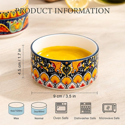 Henten Home Ceramic Ramekins Set Oven Safe, Colorful Creme Brulee Ramekins Set of 6, Boho Baking Cups for Cake, Pudding, Souffle, Ice Cream, Snack, Dipping, Microwave & Dishwasher Safe(4 oz)